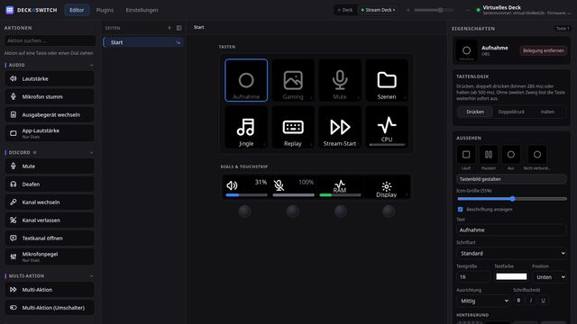 Editor von DECK//SWITCH: Aktionsliste, Tastenraster des Stream Deck und Eigenschaften einer Taste