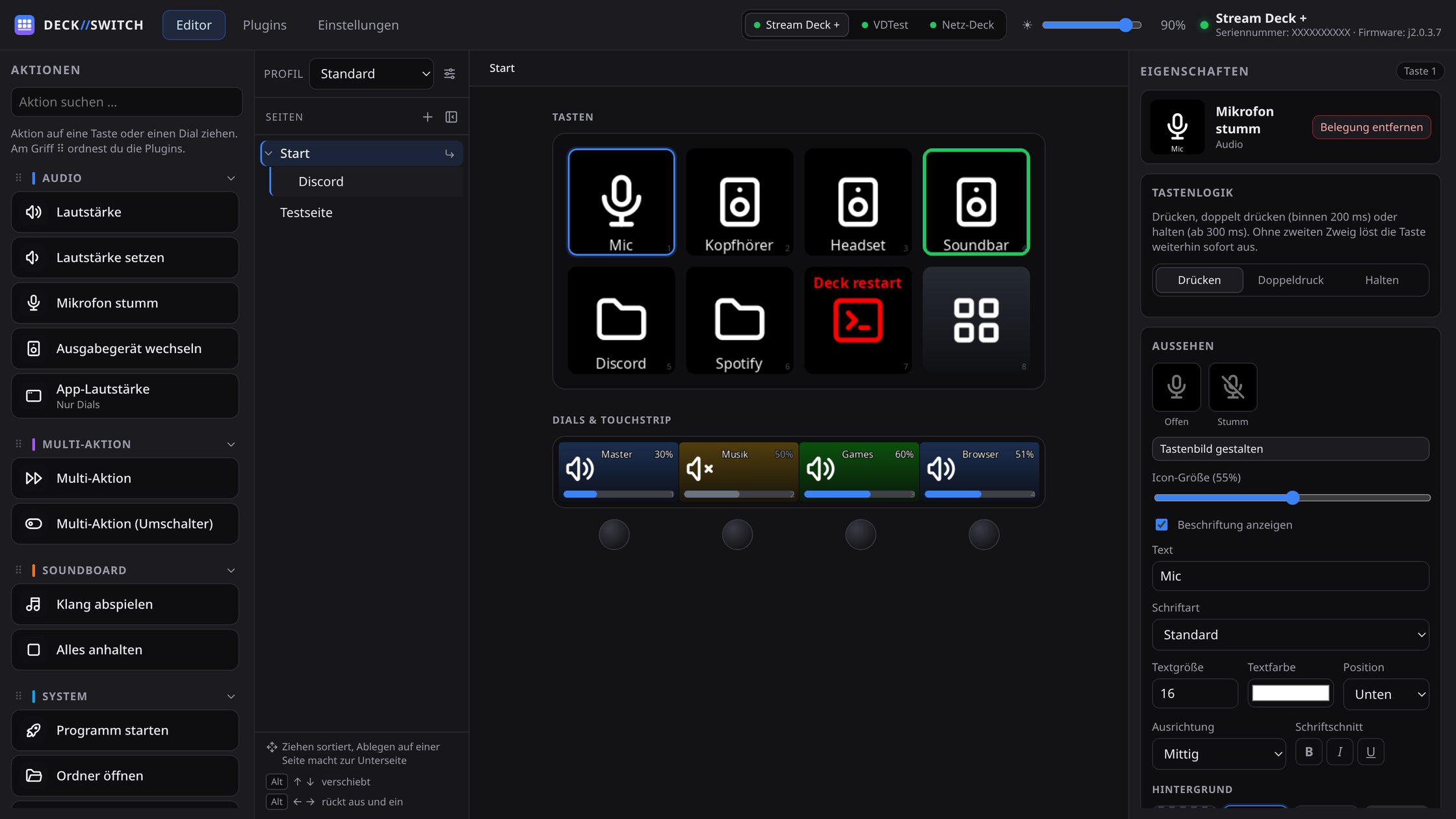 Editor von DECK//SWITCH: Aktionsliste, Tastenraster des Stream Deck und Eigenschaften einer Taste