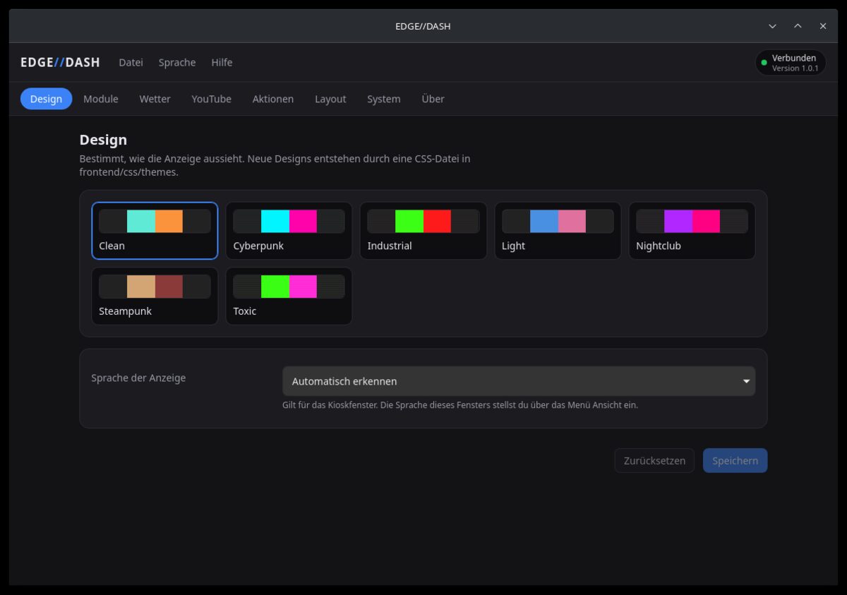 EDGE//DASH: Auswahl des Designs und der Sprache der Anzeige