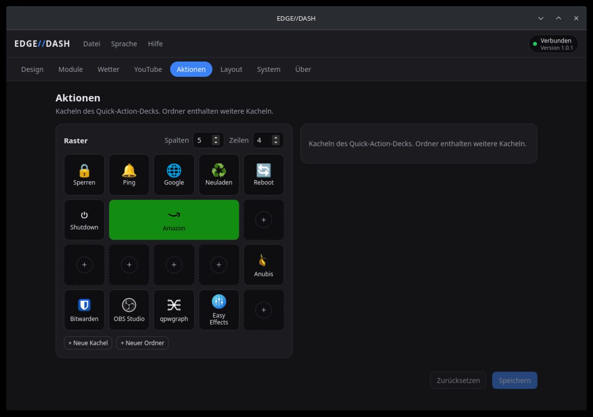 EDGE//DASH: Editor für das Quick-Action-Deck mit Raster und Kacheln