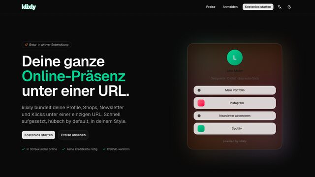 Öffentliche Klixly-Profilseite mit gebündelten Links zu Social-Profilen und Shops