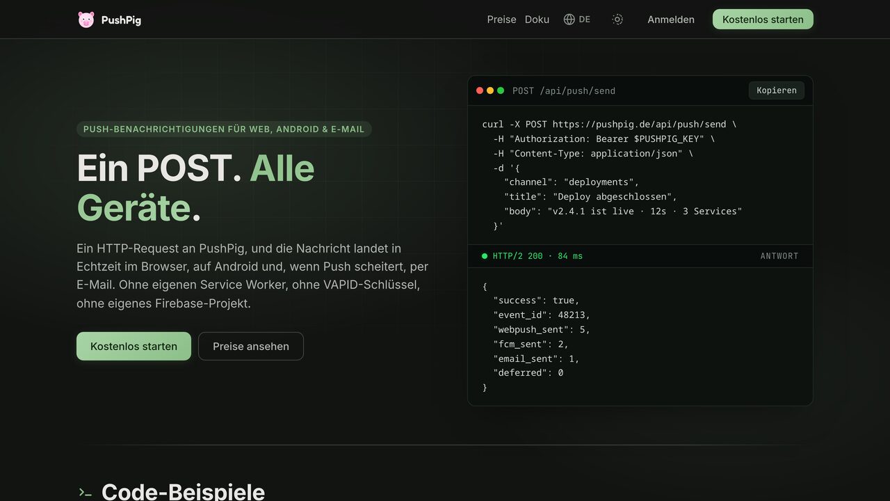 Startseite von PushPig: ein curl-Aufruf an die Push-API und die JSON-Antwort mit den Zustellzahlen