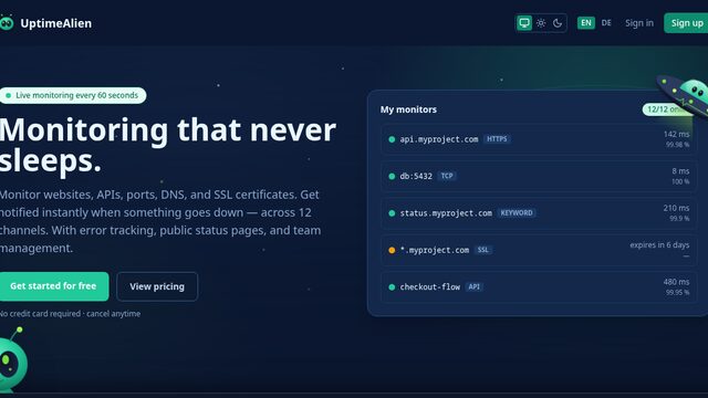 UptimeAlien-Oberfläche: Liste überwachter Dienste mit Verfügbarkeit und Antwortzeiten
